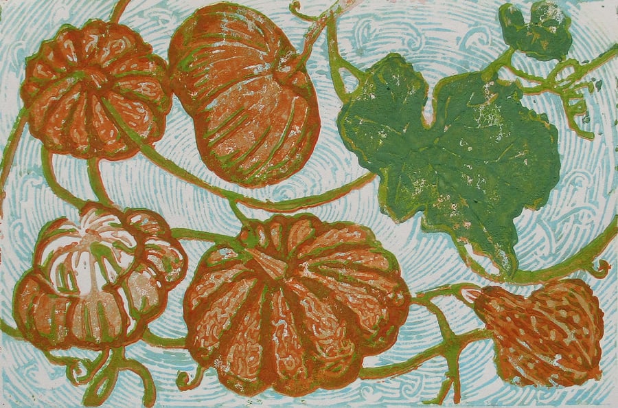 Pumpkins Original Hand Pressed Linocut Print