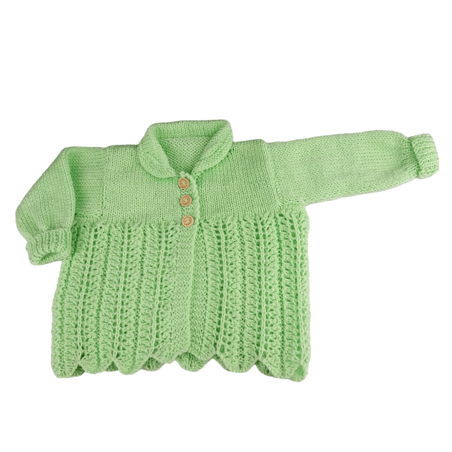 Baby Cardigan, Hand Knitted Light Green, 0-3 Months, Feather and Fan Pattern 