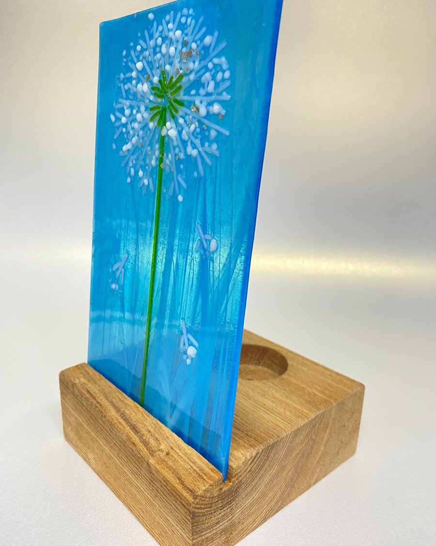 Dandelion fused glass art- candle screen 