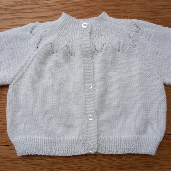 Handknitted white baby cardigan, approx 0-3 months, to fit a 16" chest
