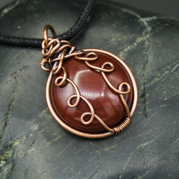 SALE - Copper Wire Wrapped Pendant with Circular Red Brown Coloured Stone