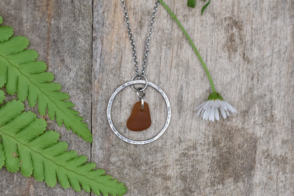 Sea Glass and Sterling Silver Hoop Necklace, Amber