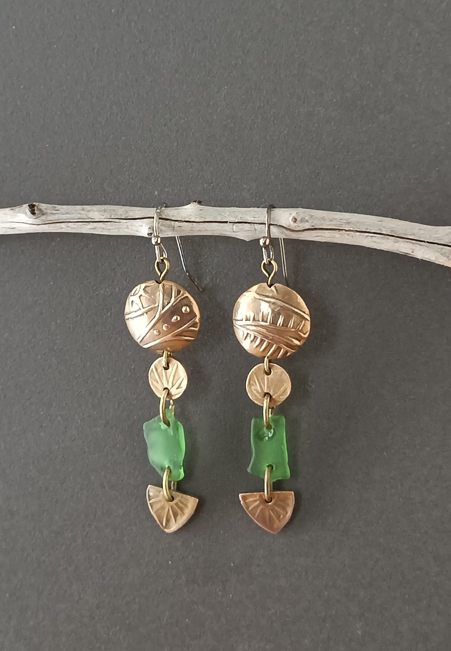 Seaglass dangly earrings, bronze metal clay, unique jewellery, recycled material