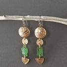 Seaglass dangly earrings, bronze metal clay, unique jewellery, recycled material