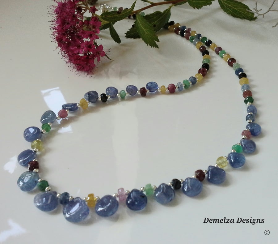 Tanzanite, Sapphire, Ruby, Emerald Sterling Silver Necklace 'ONE OFF'