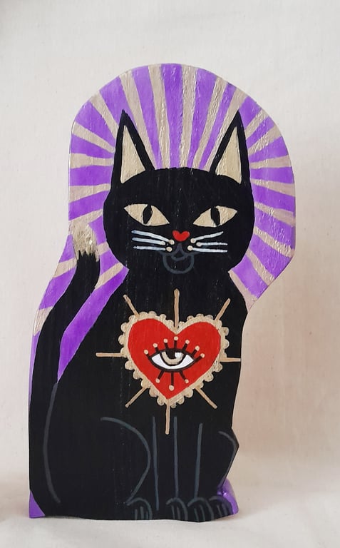 Black Cat with Sacred Heart Talisman Hand-Painted on Wood Art