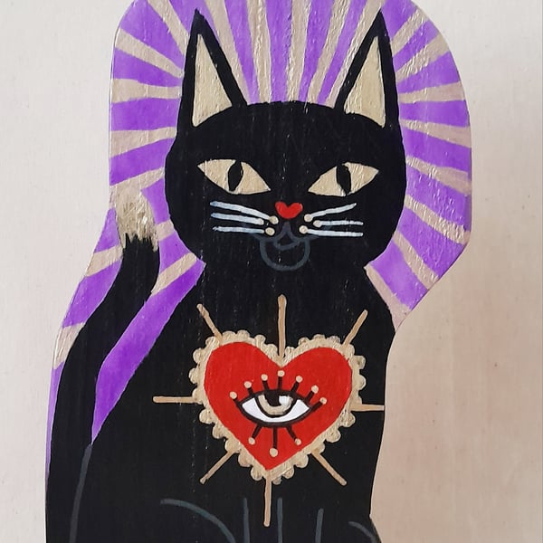 Black Cat with Sacred Heart Talisman Hand-Painted on Wood Art