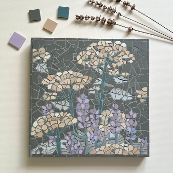 Mosaic Floral Art - Yellow Achillea and Lavender on Dark Green