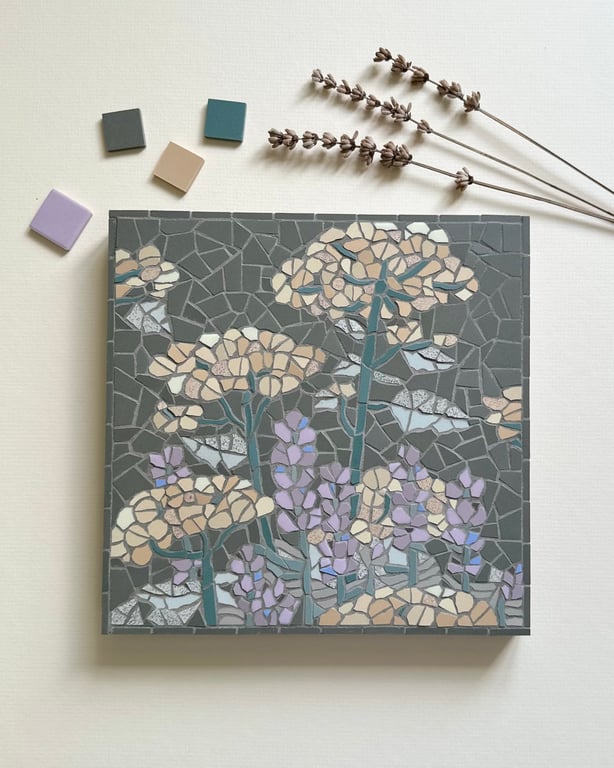 Mosaic Floral Art - Yellow Achillea and Lavender on Dark Green