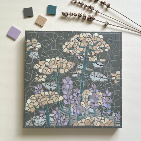 Mosaic Floral Art - Yellow Achillea and Lavender on Dark Green