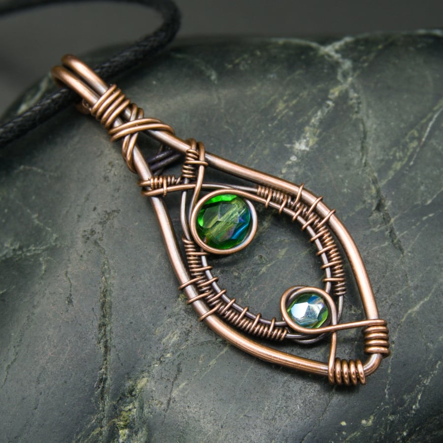 Copper Wire Weave Pointed Drop Pendant with Faceted Green Glass Beads