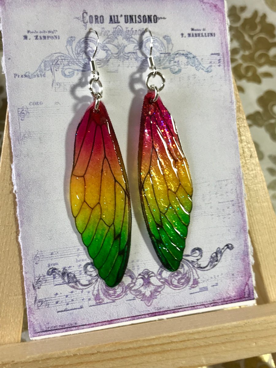 Red, Yellow and Green Fairy Wing Sterling Silver Earrings