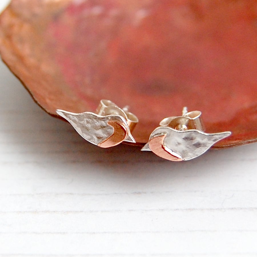 Copper breasted silver robin earrings