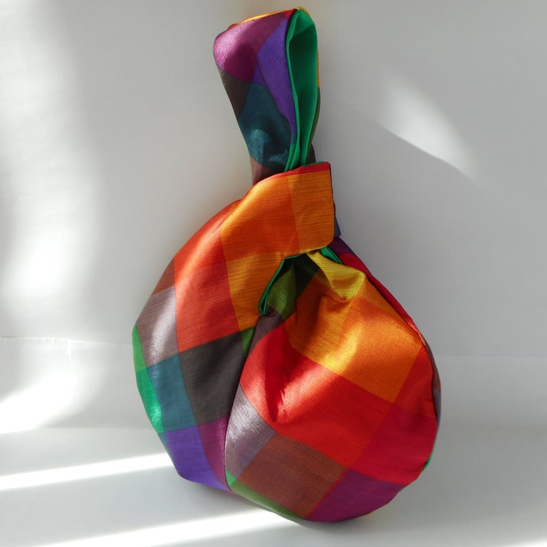 Silky satin Japanese knot bag in rainbow fabric