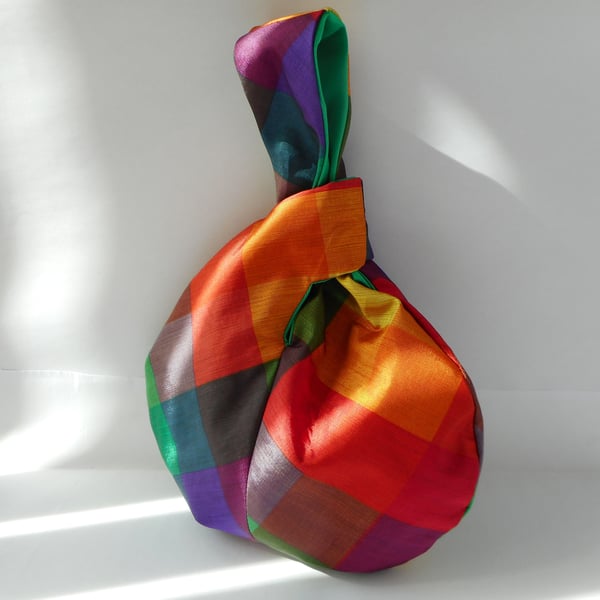 Satin, recycled fabric Japanese knot bag in rainbow checks 