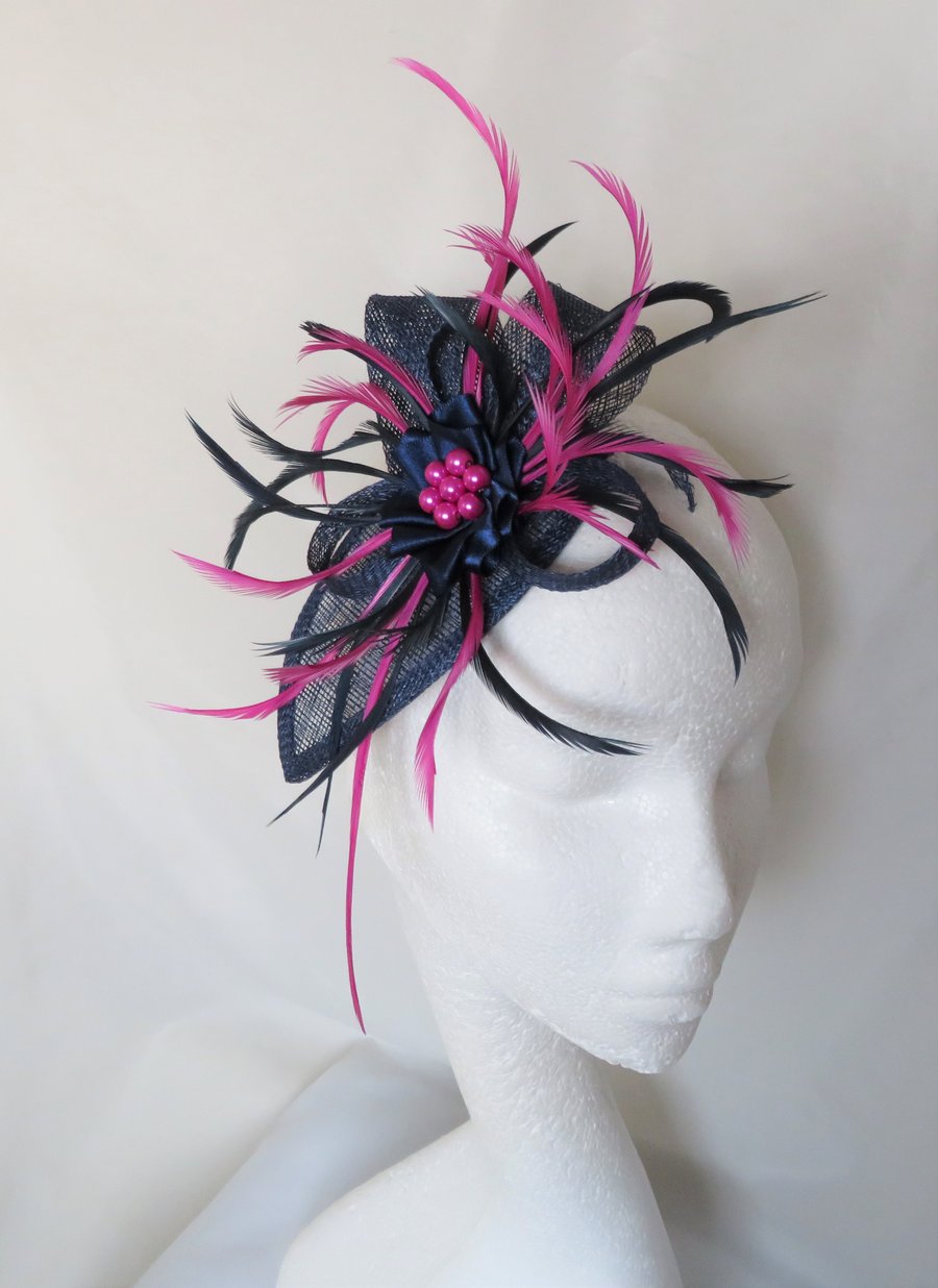 Navy Blue & Magenta Sinamay & Feather Fascinator Headpiece Wedding Ascot Races