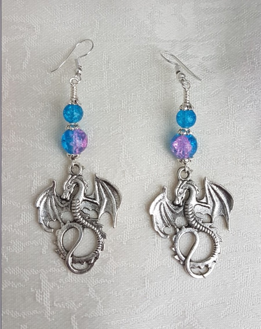 Gorgeous Dragon Charm and Blue Pink Bead Earrings.