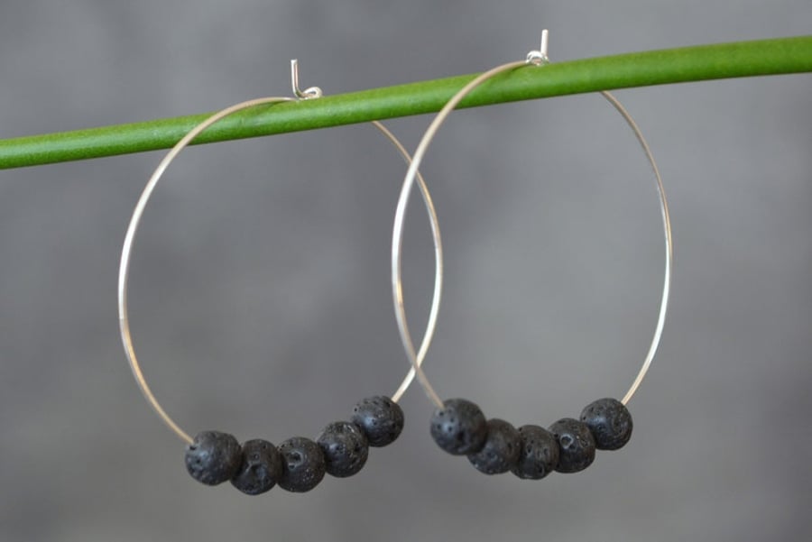  Black lava sterling silver hoop earrings