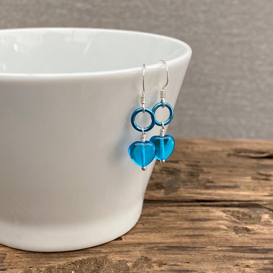 Blue Heart & Aluminium Ring Earrings. Sterling Silver. 