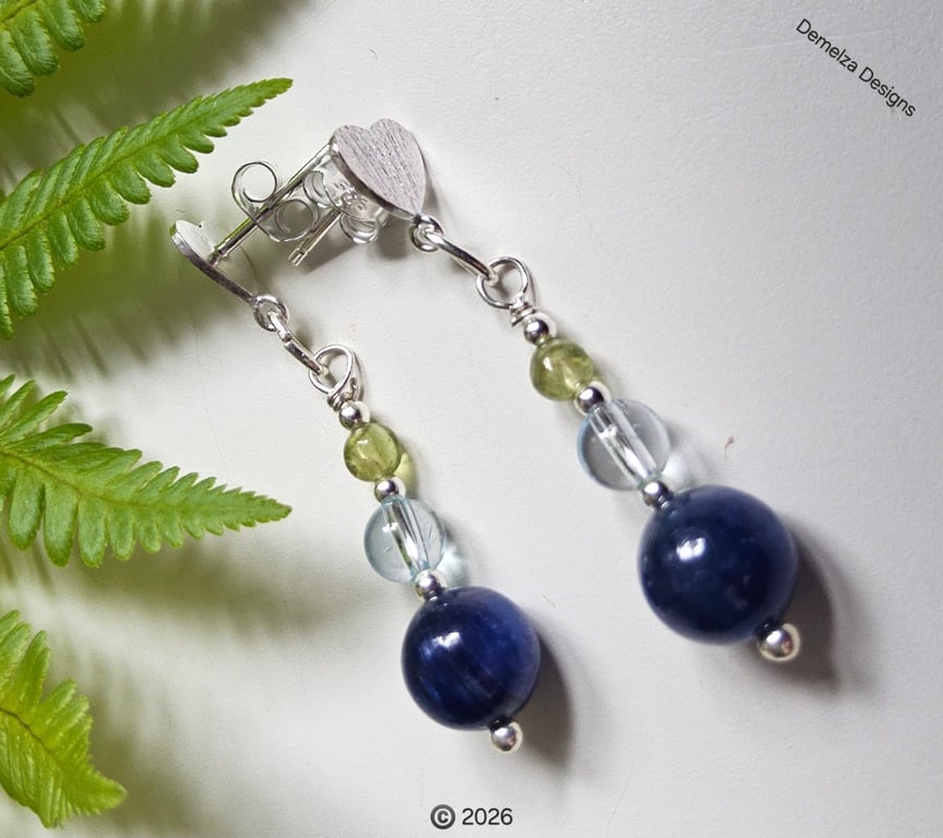 Kyanite, Sky Blue Topaz e & Peridot Stud Style Sterling Silver Earrings 