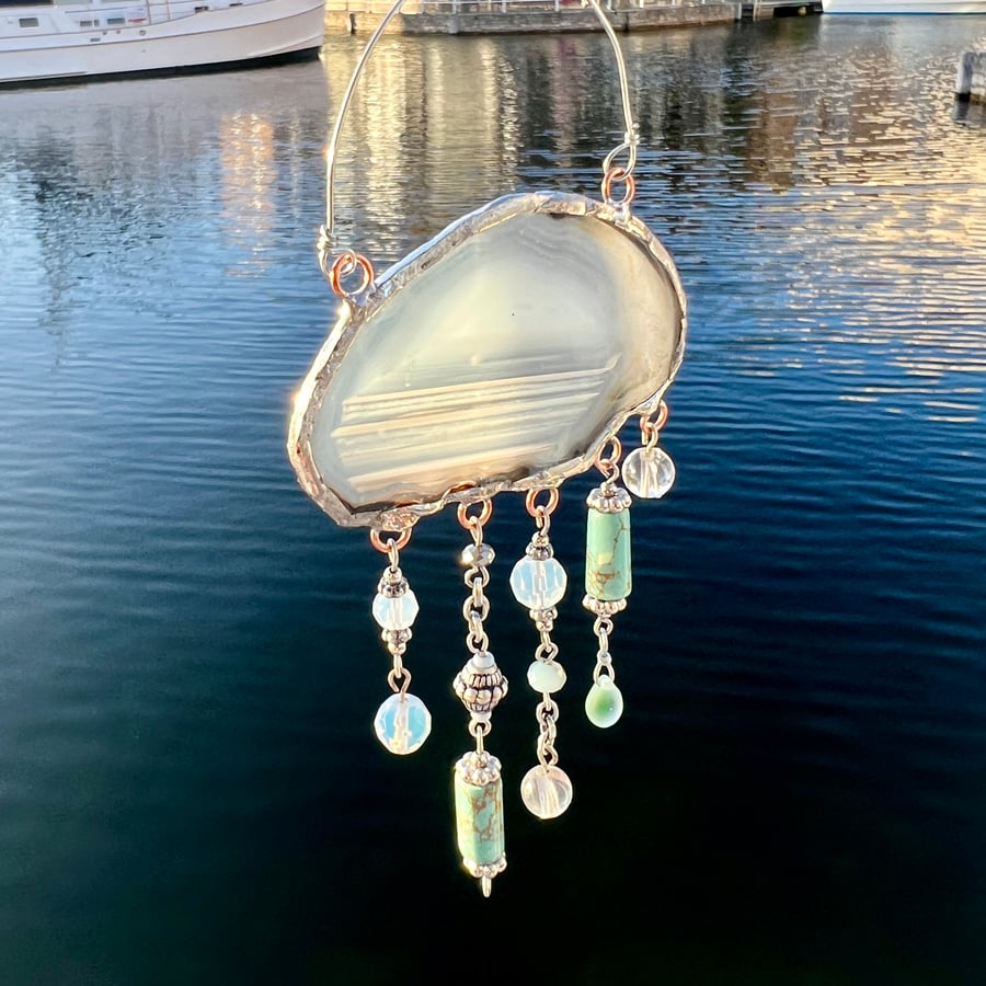 Agate Suncatcher Cloud with Vintage Glass Bead Droplets: Silver and Turquoise