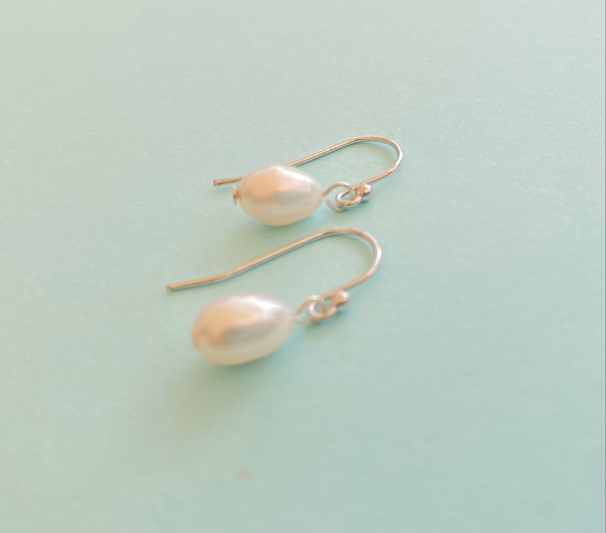 White Oval Freshwater Pearl Sterling Silver Drop Earrings