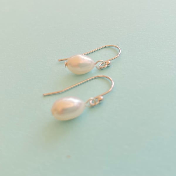 White Oval Freshwater Pearl Sterling Silver Drop Earrings