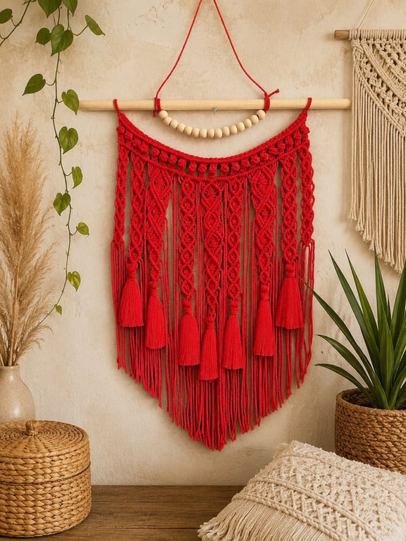 Red Macrame Wall Hanging, Wooden Beads, Boho Tapestry, Tassel Fringe Fiber Art