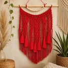 Red Macrame Wall Hanging, Wooden Beads, Boho Tapestry, Tassel Fringe Fiber Art