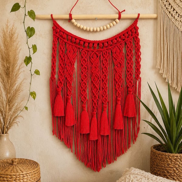 Red Macrame Wall Hanging, Wooden Beads, Boho Tapestry, Tassel Fringe Fiber Art