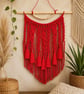 Red Macrame Wall Hanging, Wooden Beads, Boho Tapestry, Tassel Fringe Fiber Art