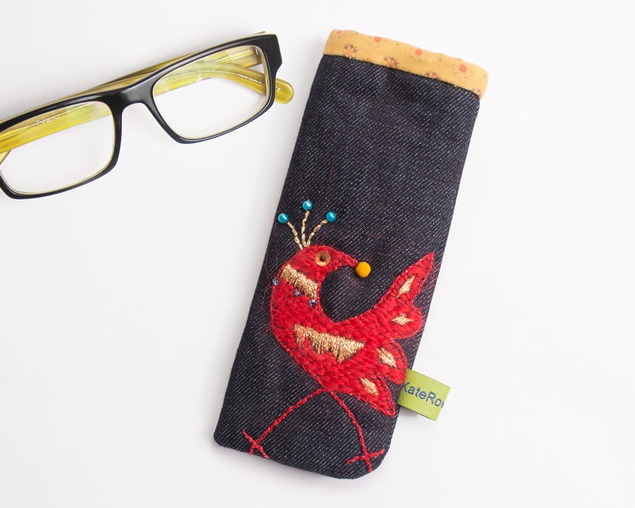 Blue denim glasses case with hand embroidered cockerel