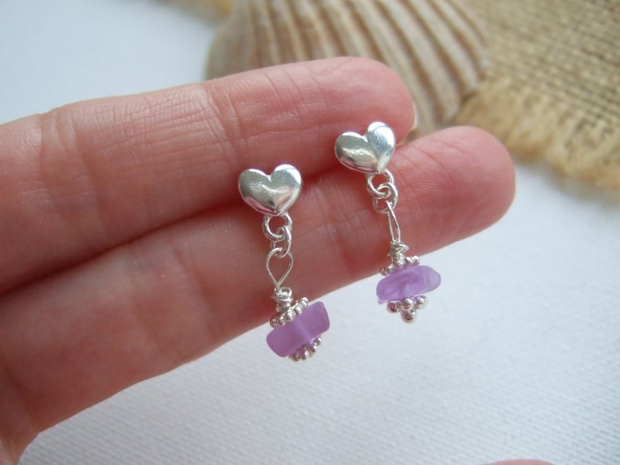 Purple sea glass heart stud earrings, Neodymium Spanish color changing
