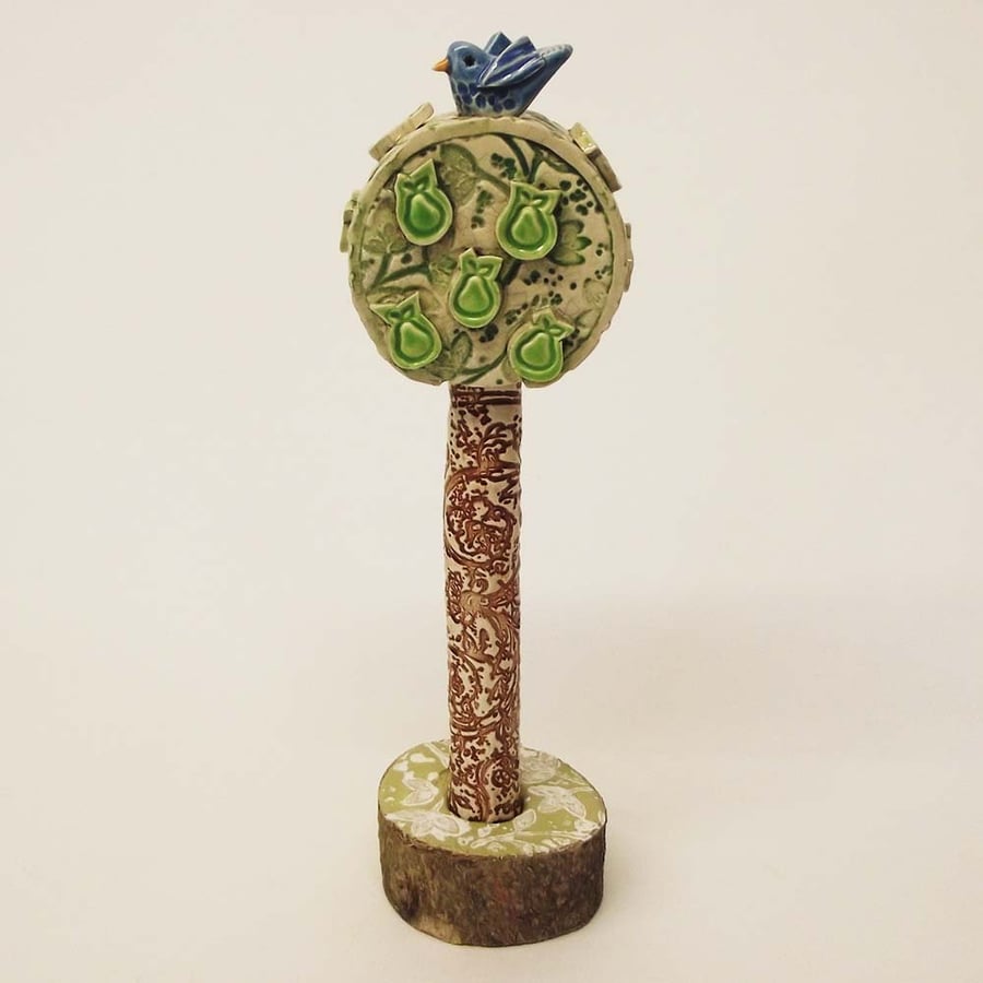 Sale Pottery bird in a pear tree Ceramic sculpture Handmade Ceramics