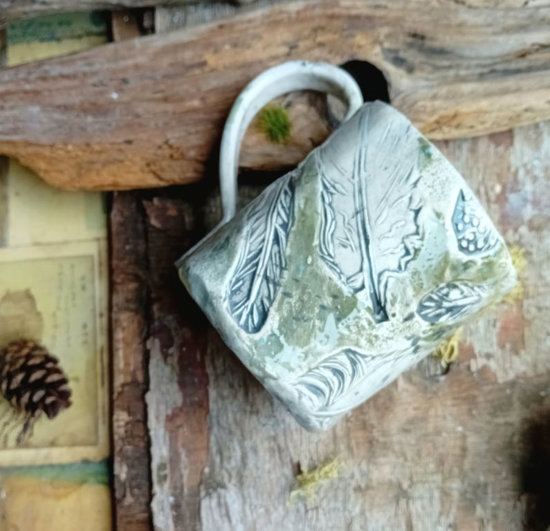 Birds feather coffee mug handpainted ceramic pottery cup, sage green and grey
