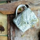 Birds feather coffee mug handpainted ceramic pottery cup, sage green and grey