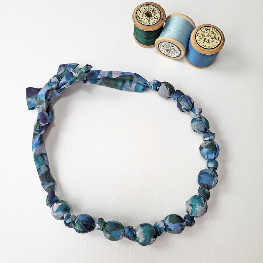 Blue, Green & Grey Liberty Print Fabric Necklace - Ikat Night