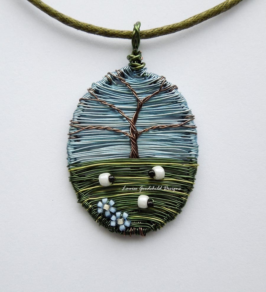 Sheep Beneath the Oak wire sheep and tree necklace, unique wearable wire art
