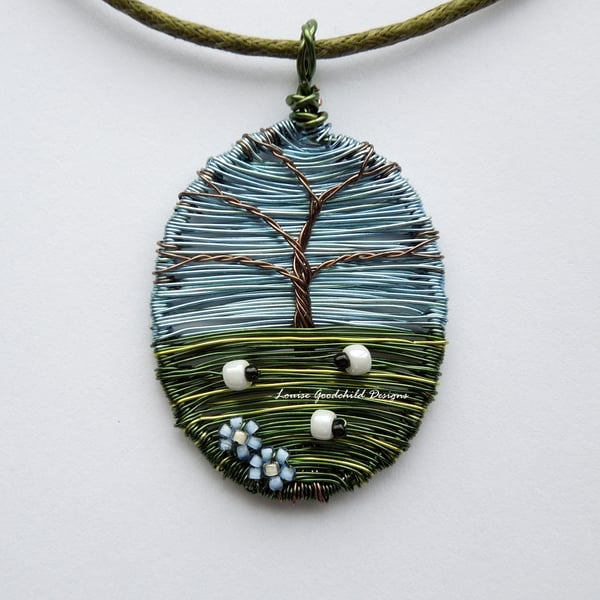 Sheep Beneath the Oak wire sheep and tree necklace, unique wearable wire art