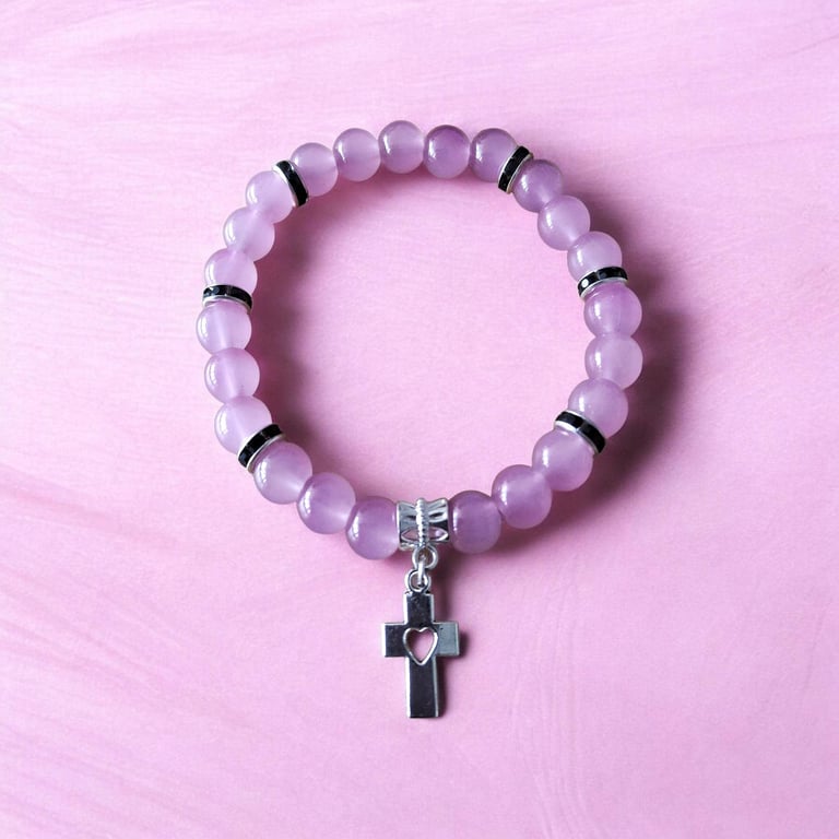 Abijah bracelet with glass beads, crystal sparkle and heart cross charm.