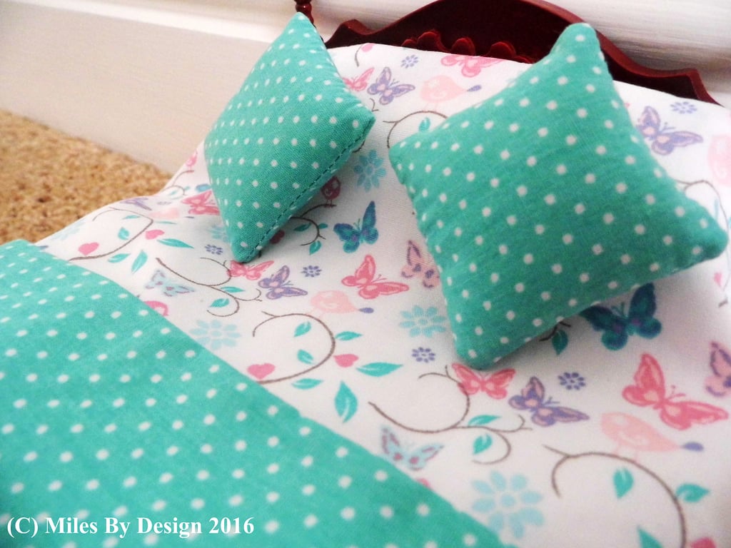 1:12 Scale Aqua & Butterfly & Birds Dolls House Bedding Set