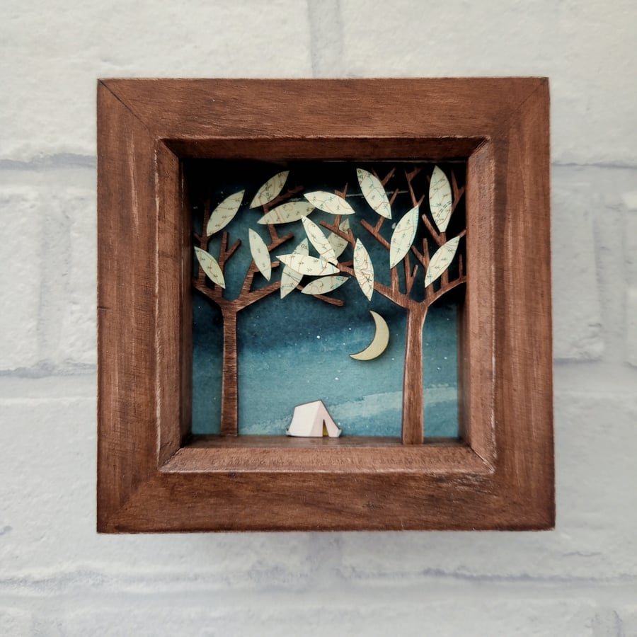 Camping Picture, Forest Diorama, Into the Woods I Go - Wooden Art - Tent