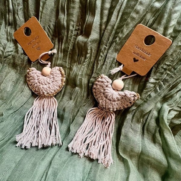 Set of Two Upcycled Boho Crochet Angels – Off white & Gold with Wooden B