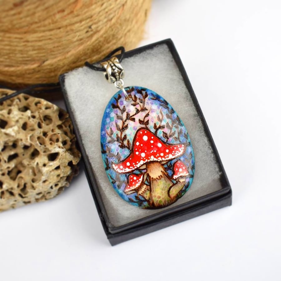The toadstool teardrop. Pyrography wooden pendant necklace.