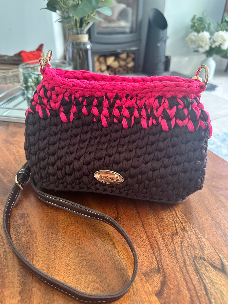 Shocking Pink and Brown Crossbody Bag