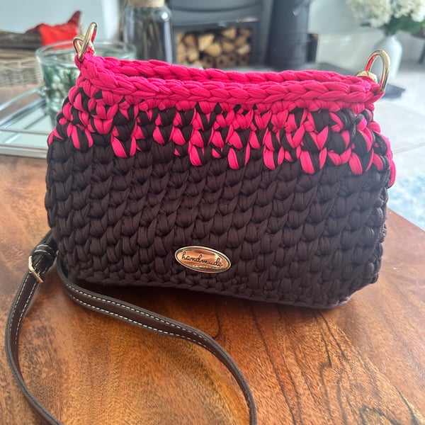 Shocking Pink and Brown Crossbody Bag