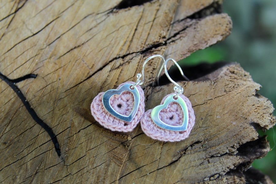 Pink Cotton Crochet Heart with Open Silver Heart Earrings, Cotton Anniversary