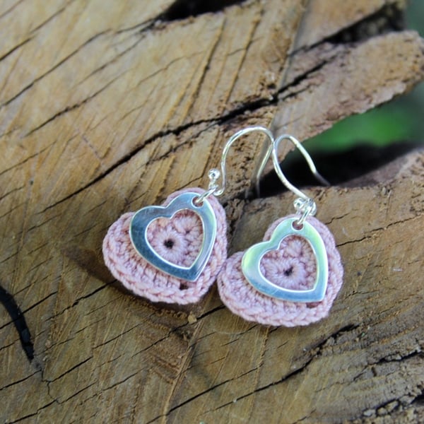 Pink Cotton Crochet Heart with Open Silver Heart Earrings, Cotton Anniversary