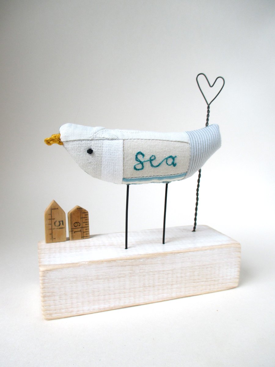 Fabric Sea Bird with Wire Heart and Little Huts