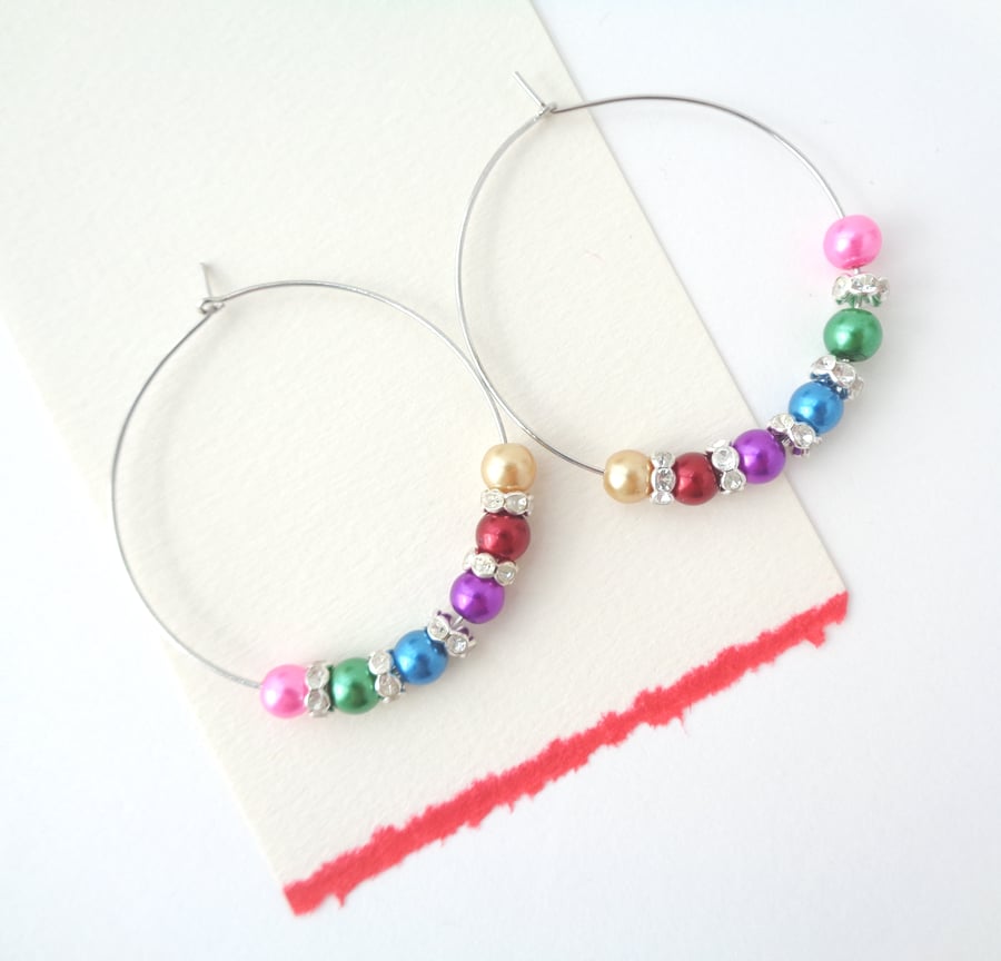 Colourful Pearl Hoop Earrings Silver
